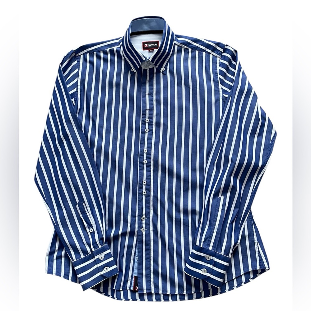 7 Camicie Elegant Italian Blue and White Striped Button Down Shirt